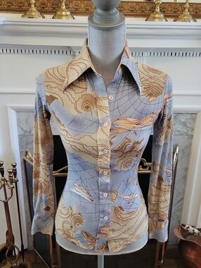 Vtg 70's Huk-a-Poo Travel Polyester Shirt